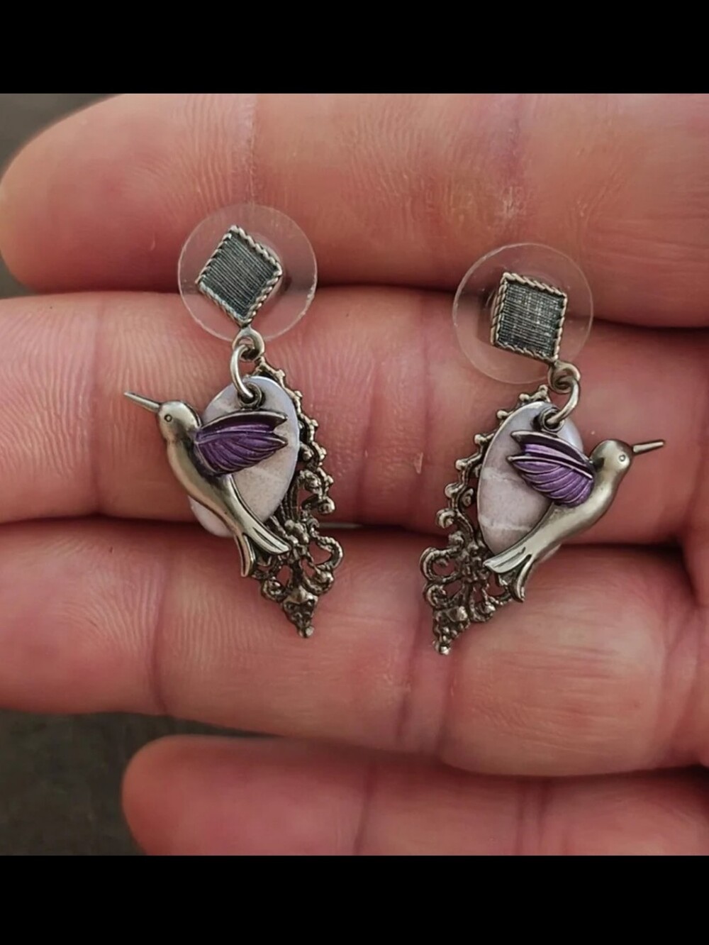 Silver Forest Silver Tone Hummingbird Purple Enamel Filigree Dangle Earrings